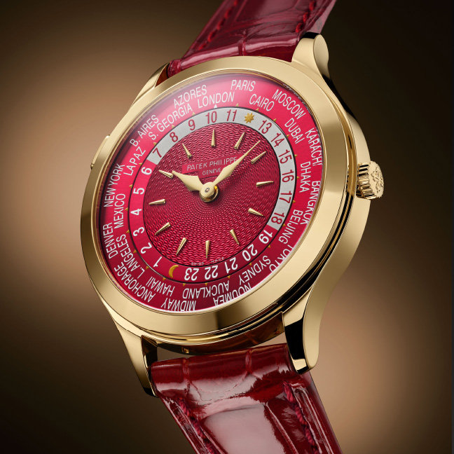 Patek Philippe Ref 7129J-001 World Time with carmine-red guilloche dial