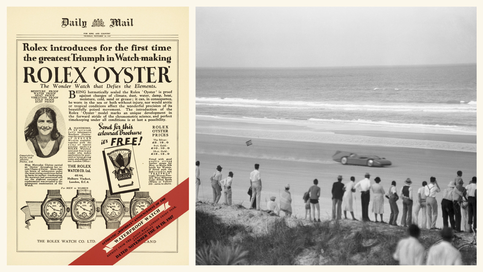 Rolex Daily Mail advertisement and Malcolm Campbell Bluebird on Daytona Beach